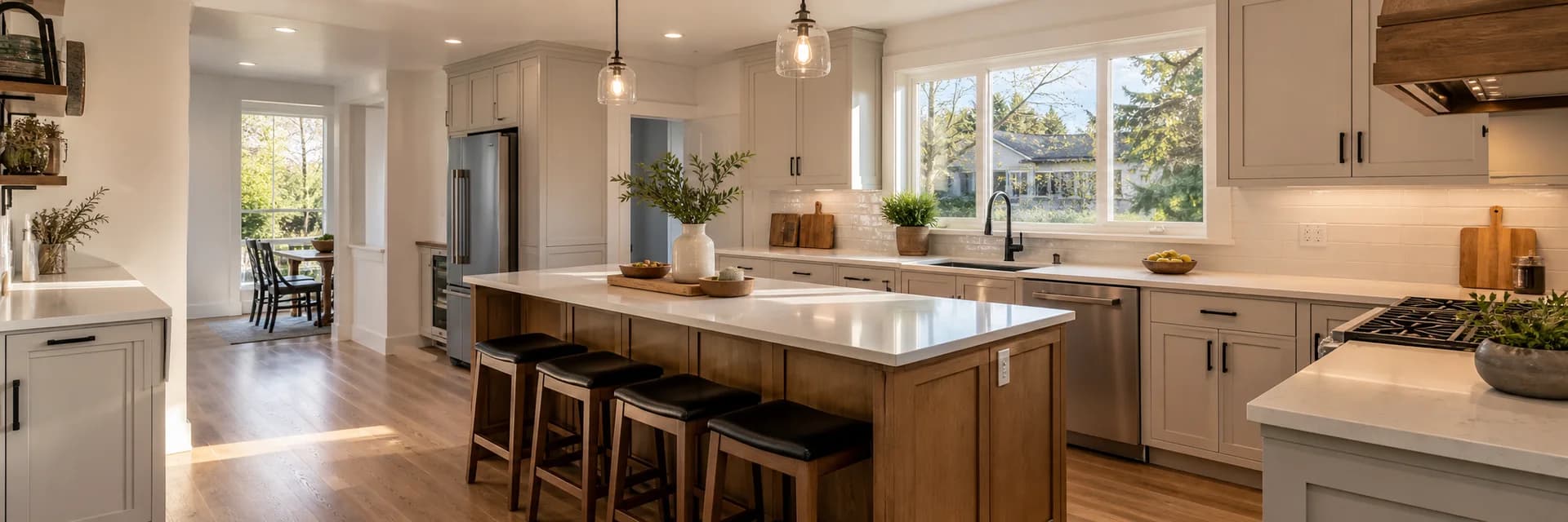 Kitchen finishes with quartz counters, lighting, and detailed fixtures