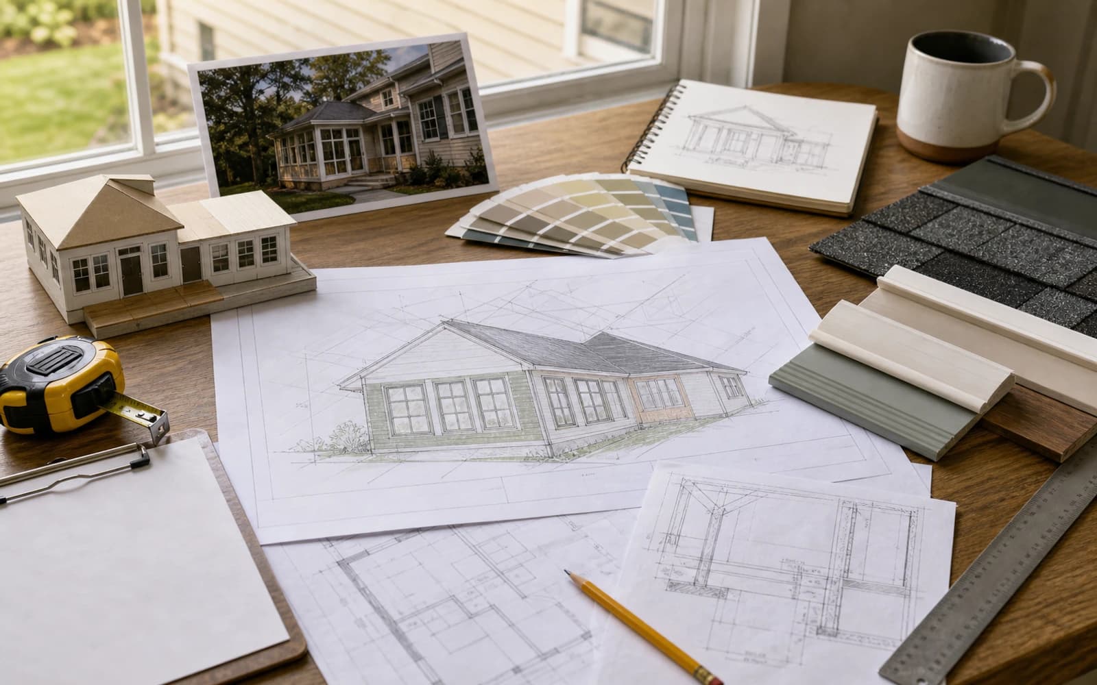 Home addition planning table with layout review, material samples, and structural planning
