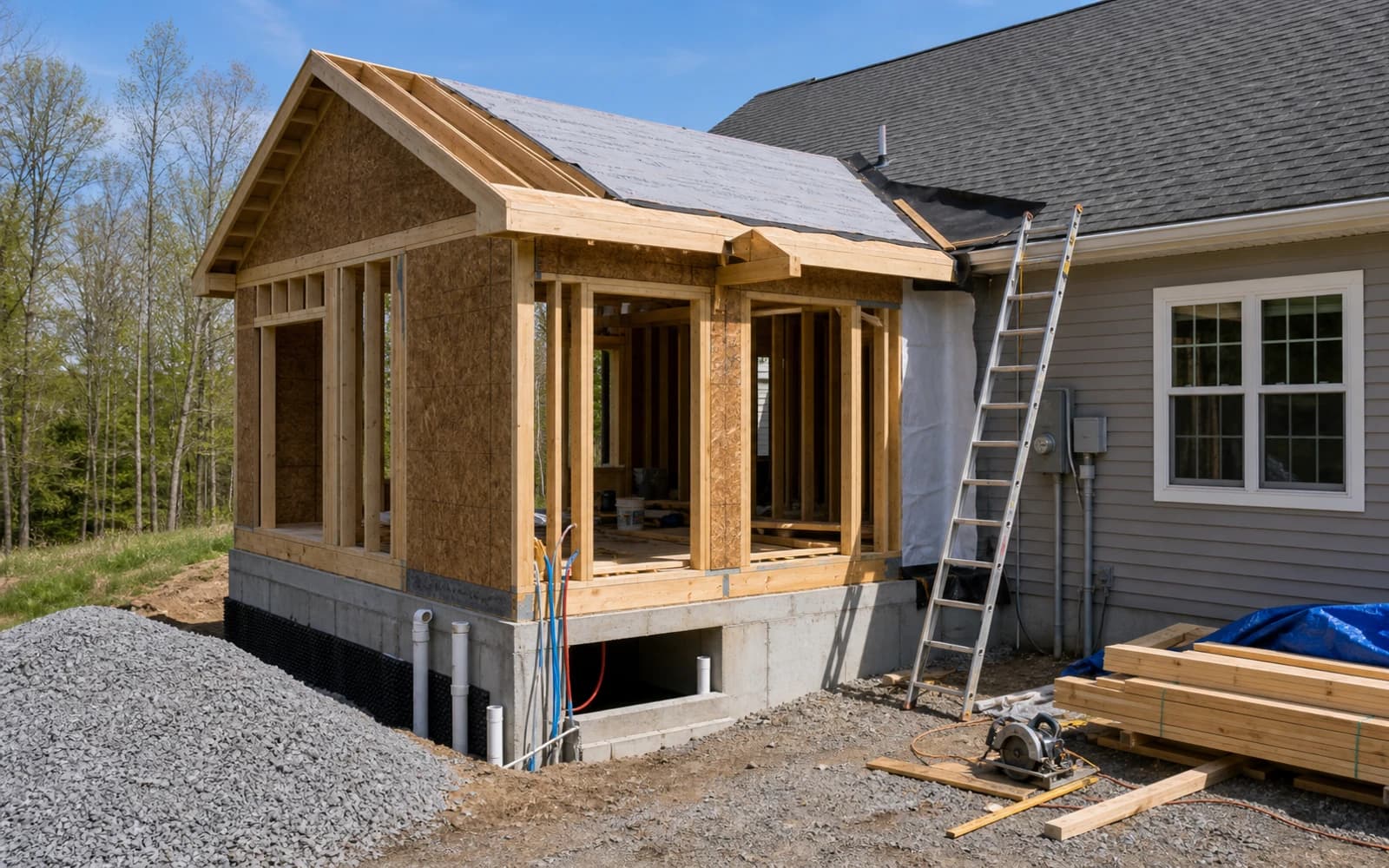 Home addition framing and roofline integration work with foundation and utility coordination