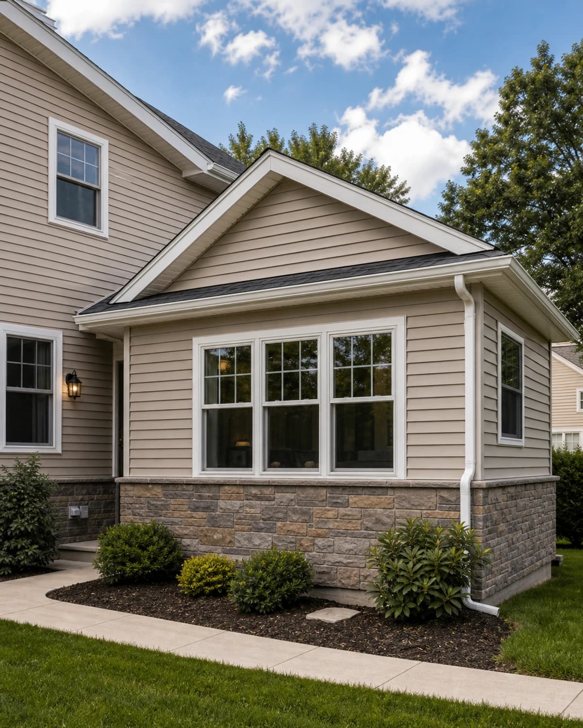 Completed home addition integrated with original exterior materials and clean finish work
