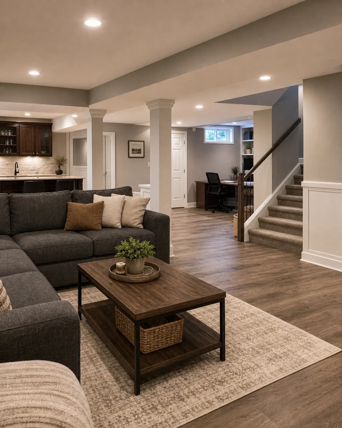 Completed basement finishing project with flexible living space