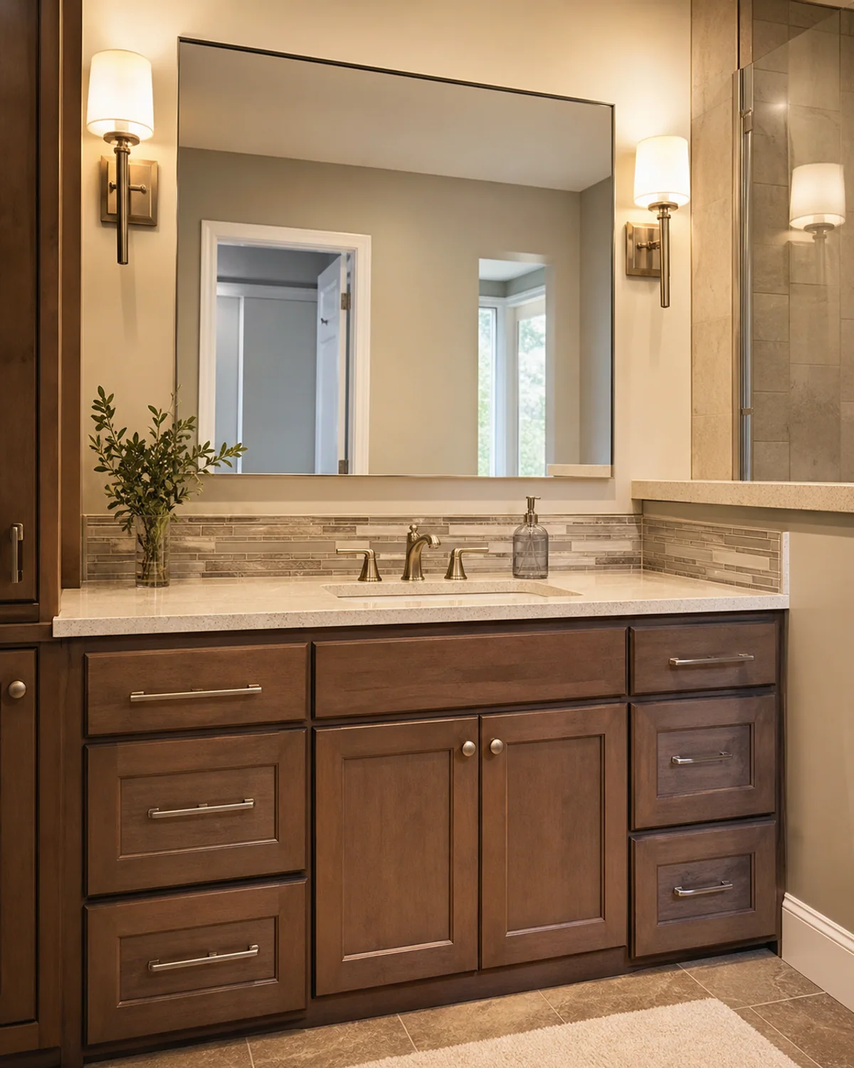 Bathroom remodel with custom vanity, updated lighting, and clean finishes