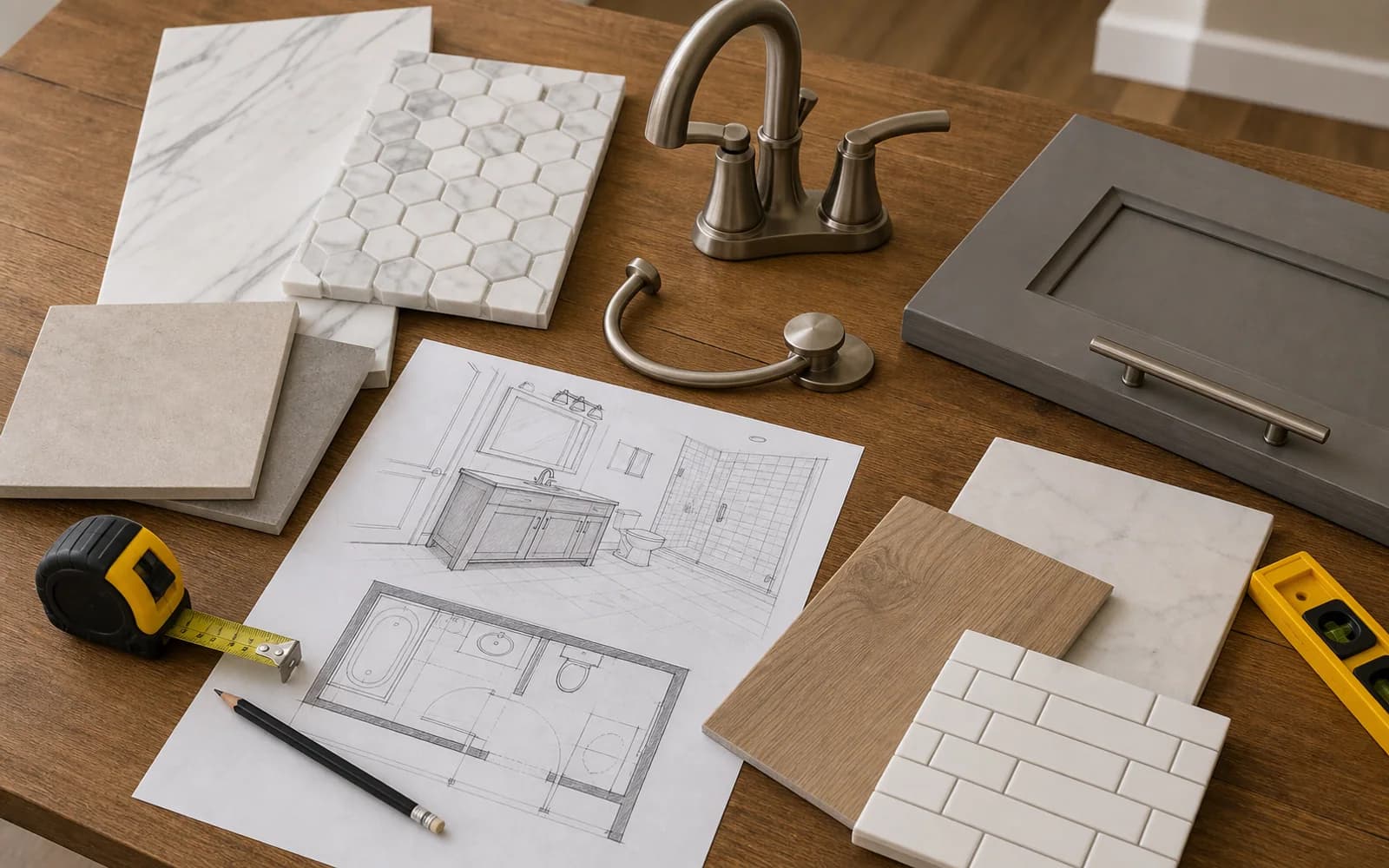 Bathroom layout with updated fixtures, vanity, and improved circulation