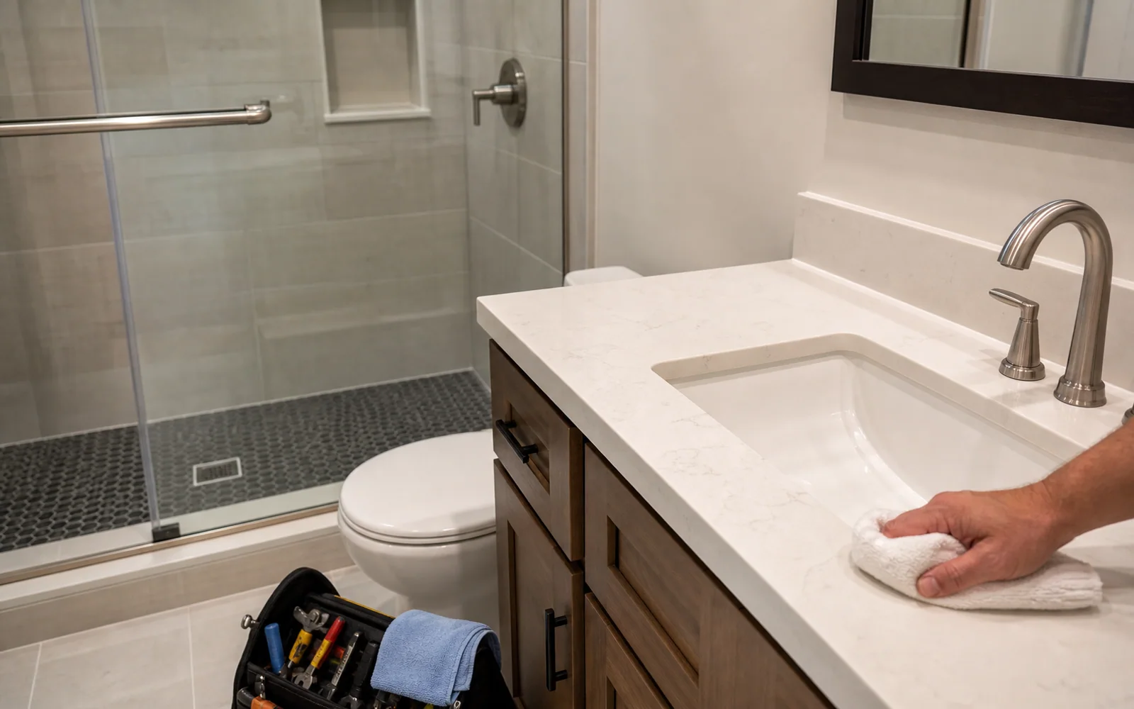 Bathroom vanity, lighting, mirror, and fixtures in a modern remodel
