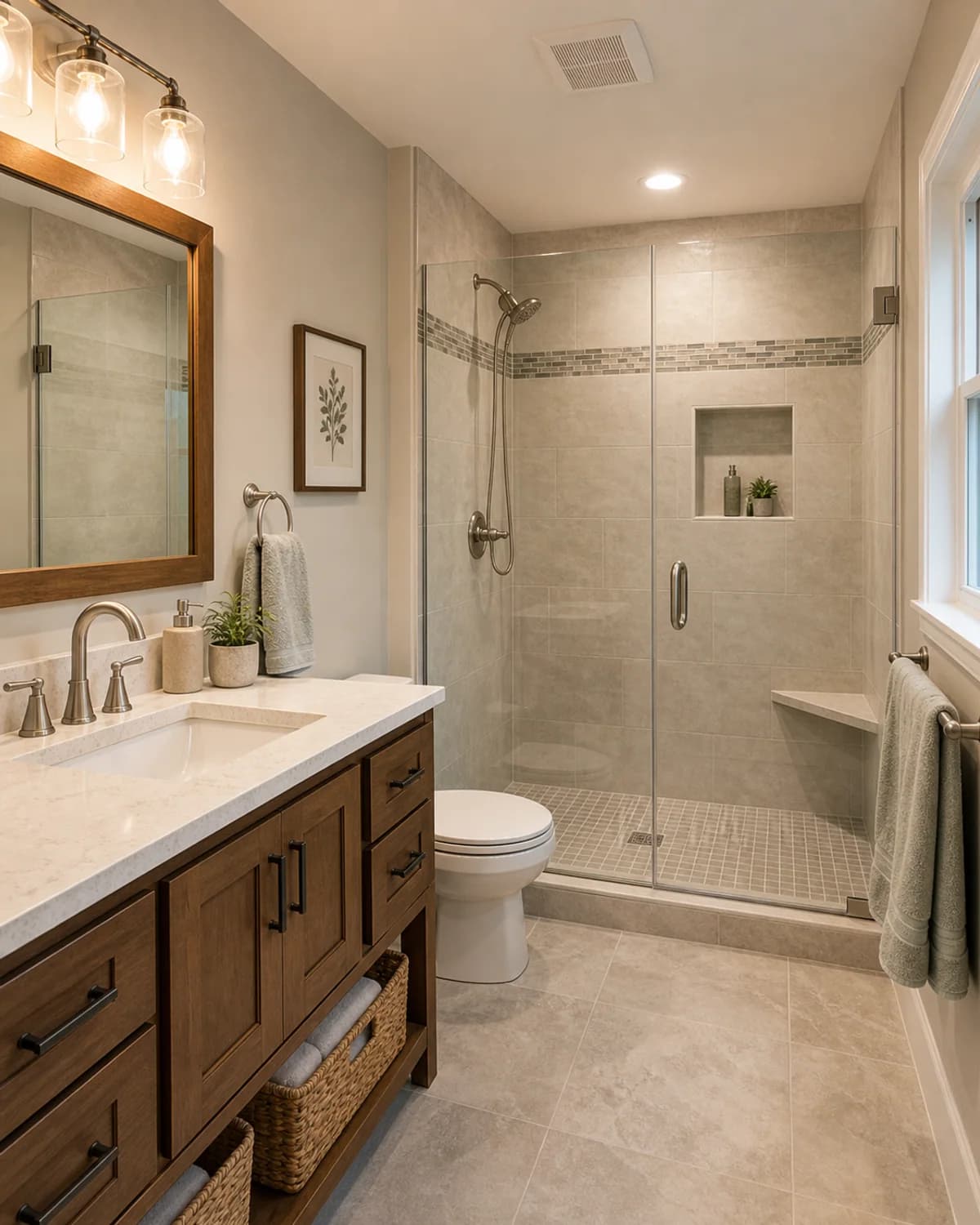 Finished bathroom remodel with custom tilework and modern fixtures