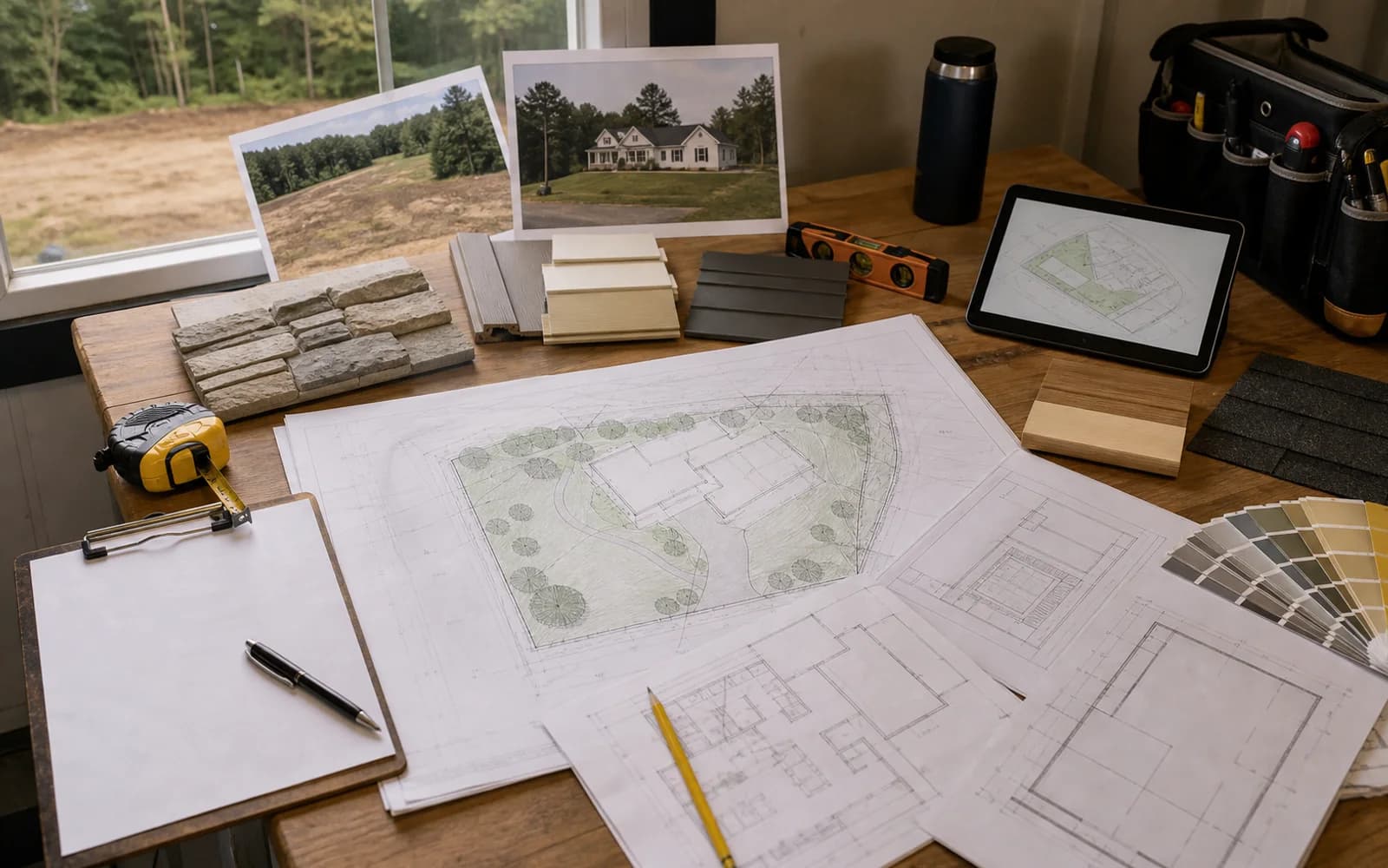 Custom home planning table with site layout, material samples, and foundation planning