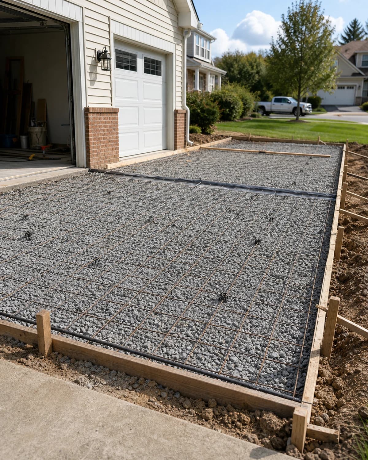 Driveway replacement prep with compacted stone base, forms, reinforcement, and garage apron transition