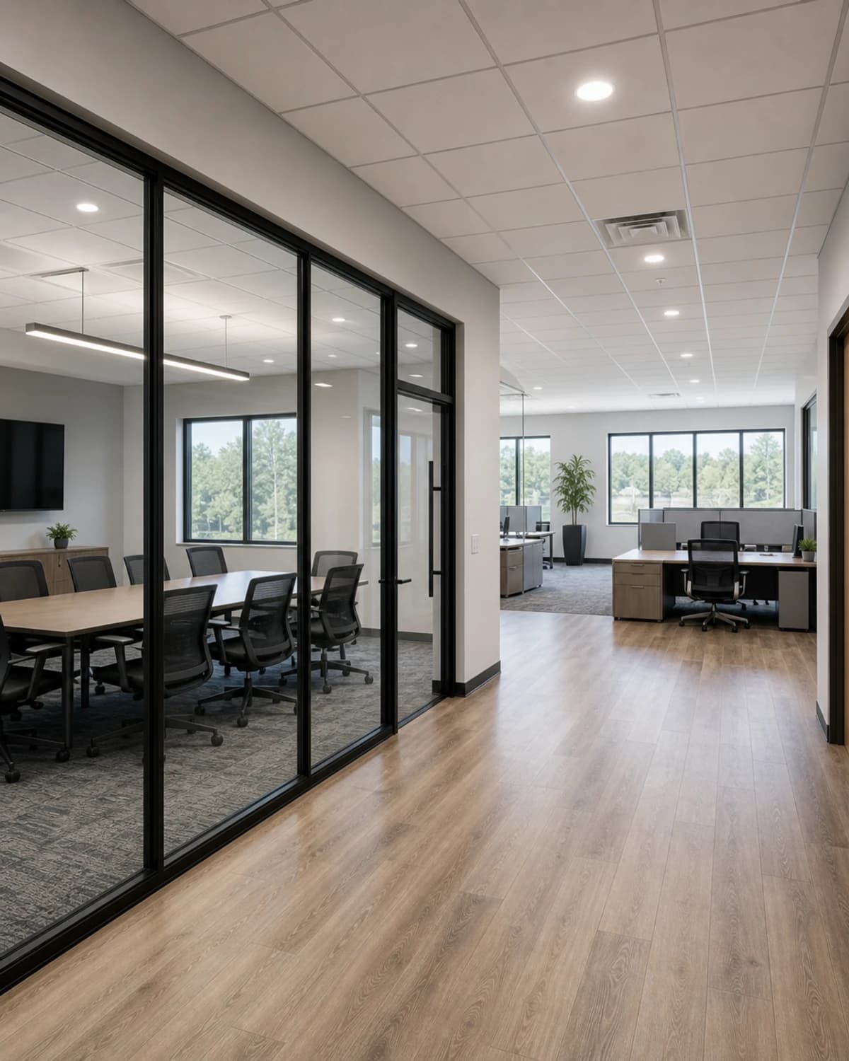 Finished open office and conference area with practical lighting, flooring, walls, doors, and clean commercial finishes