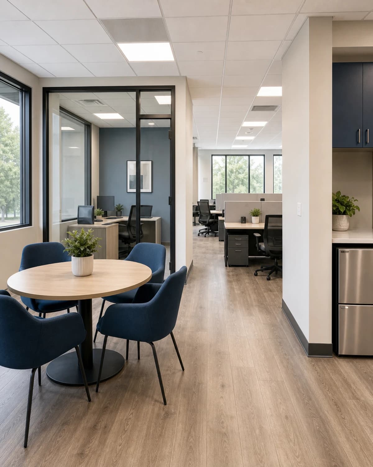 Completed collaborative office area with durable finishes and practical commercial layout