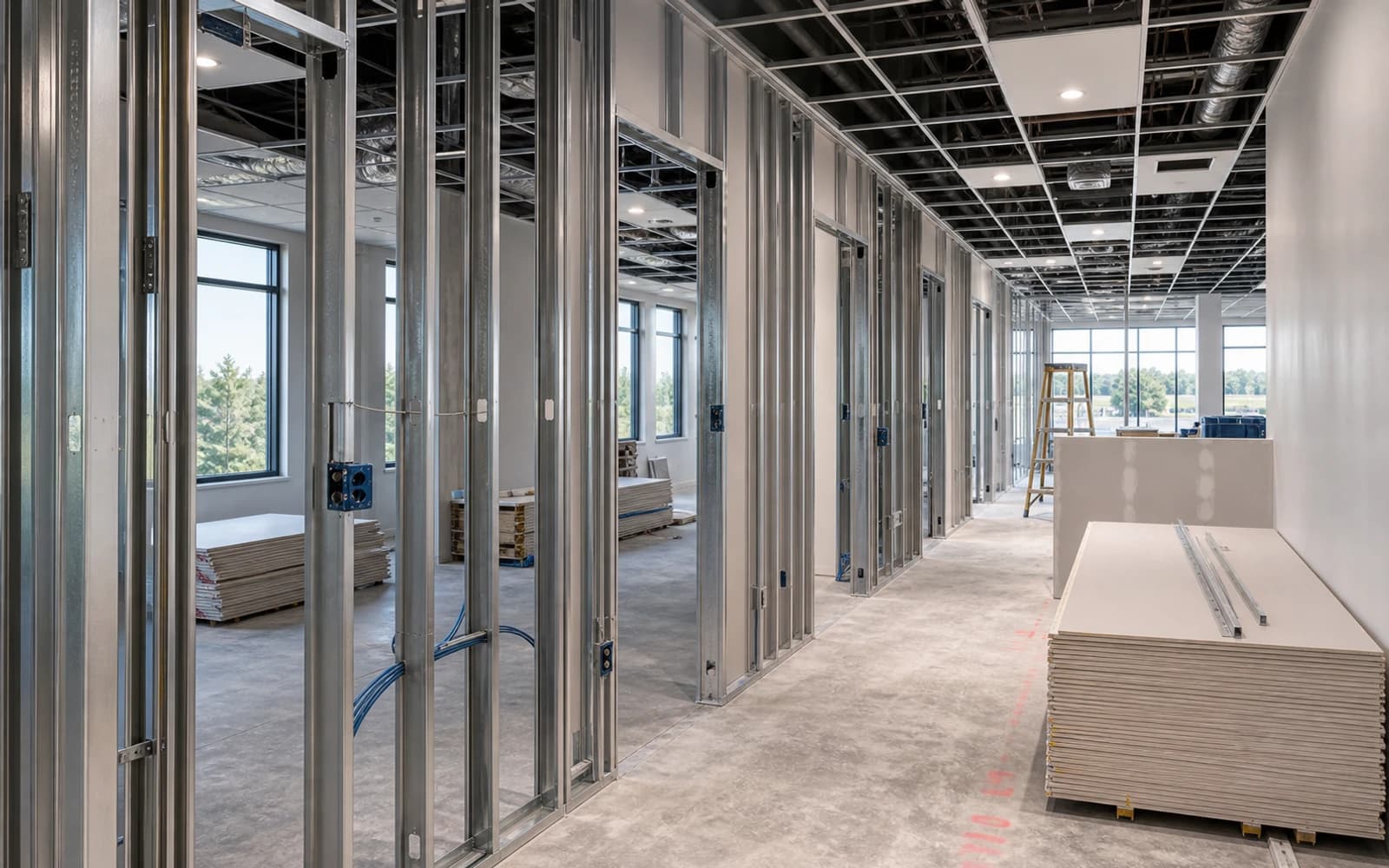 Office buildout in progress with metal framing, data rough-in, ceiling grid, and organized materials