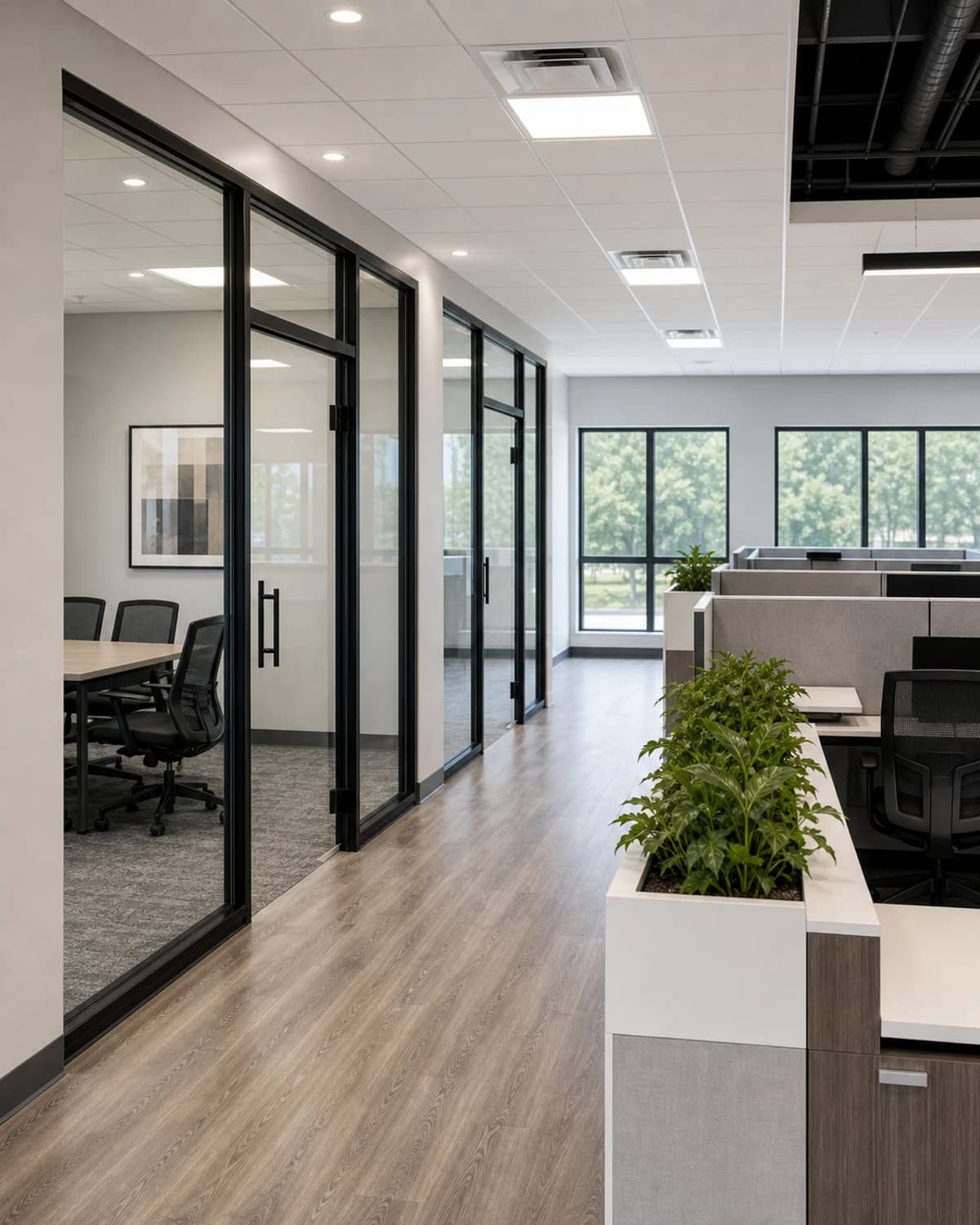 Completed office interior with clean commercial craftsmanship, durable flooring, and professional lighting
