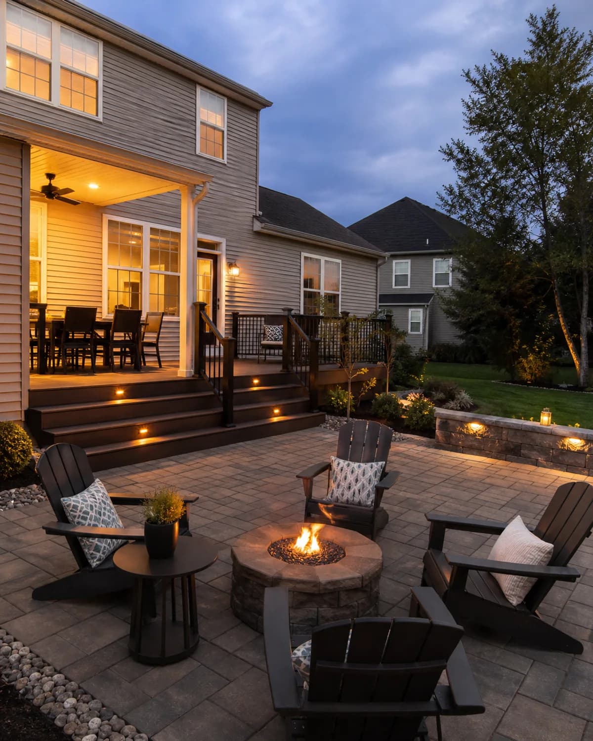 Backyard outdoor living space with patio seating and fire feature