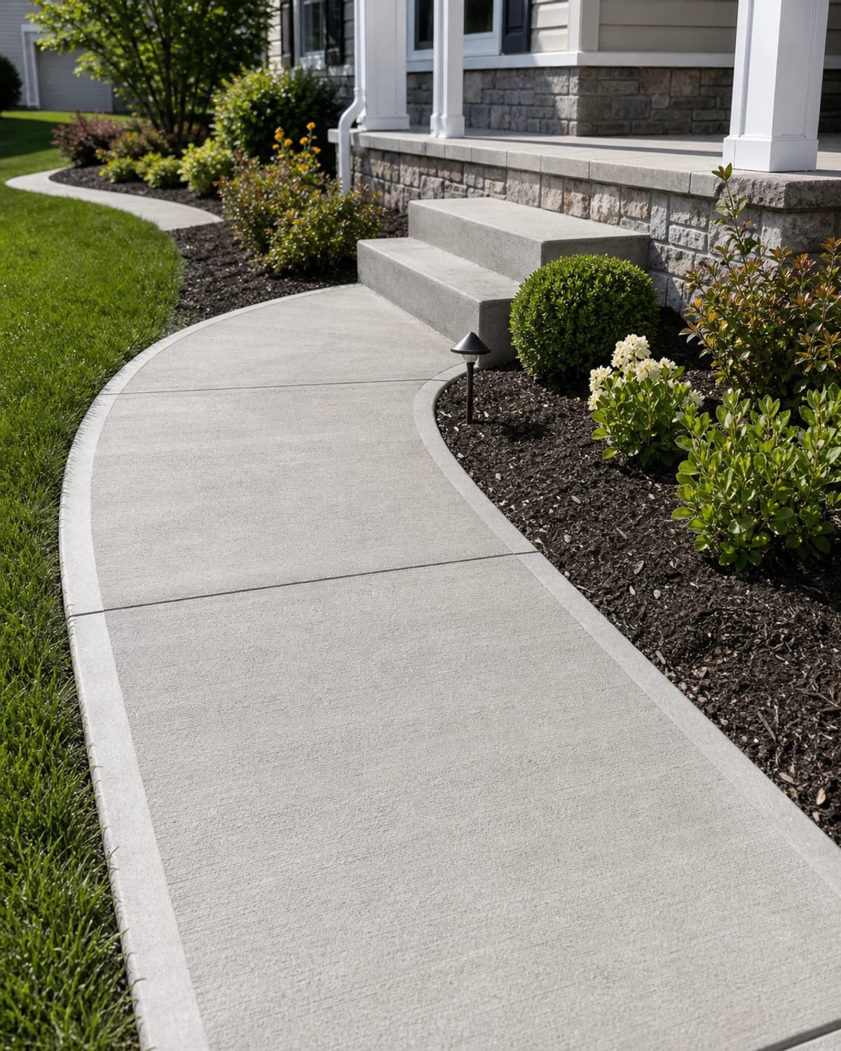 Curved concrete walkway with clean edges, control joints, landscape border, and realistic concrete texture