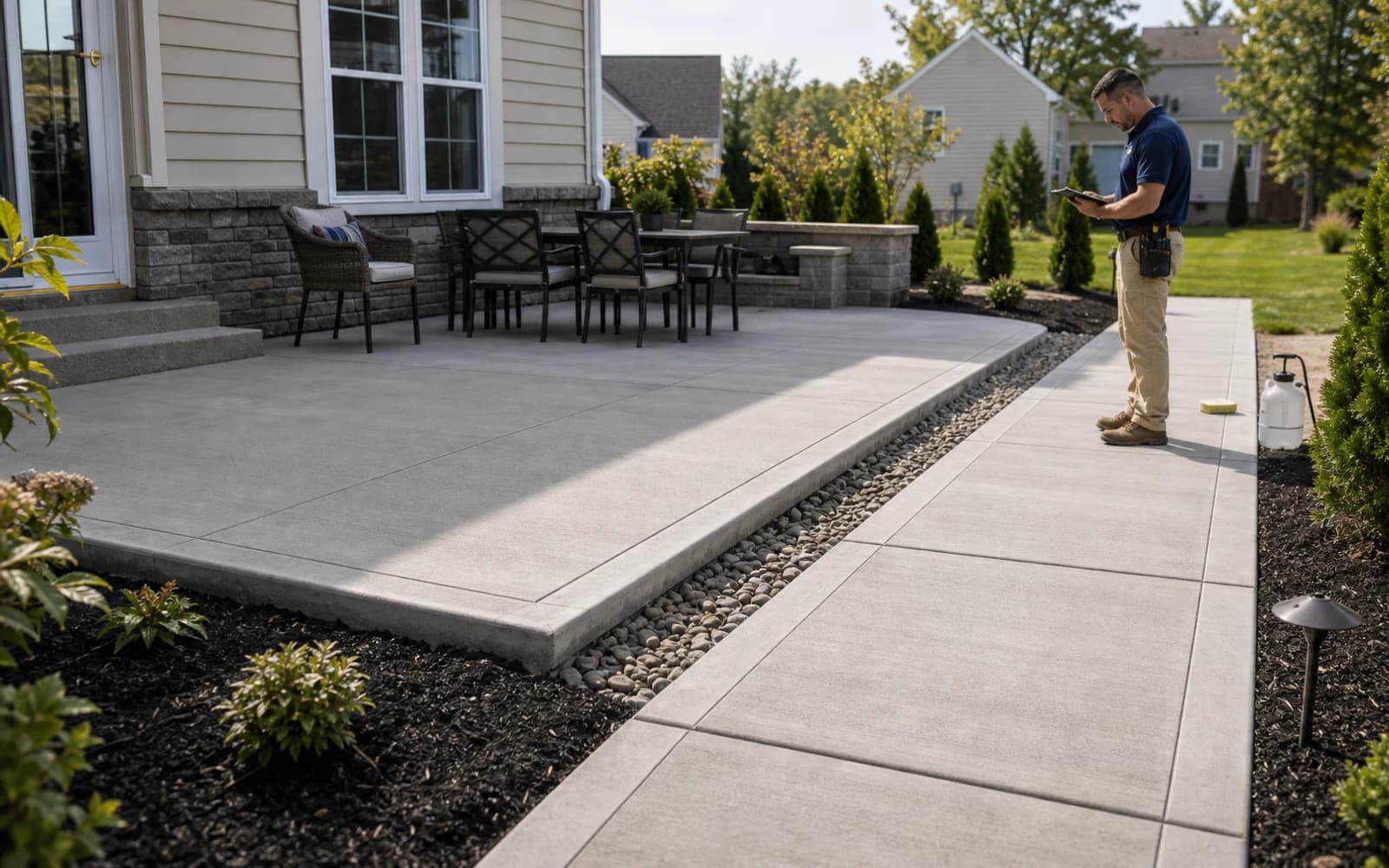 Finished patio and walkway concrete work with edging, cleanup, curing, and final site check