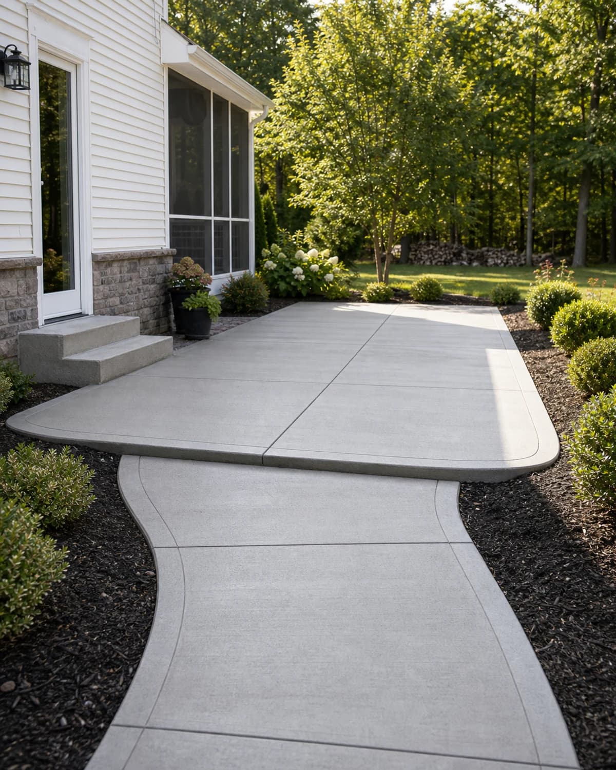 Completed concrete patio and walkway with durable finish, clean transitions, landscape borders, and contractor craftsmanship