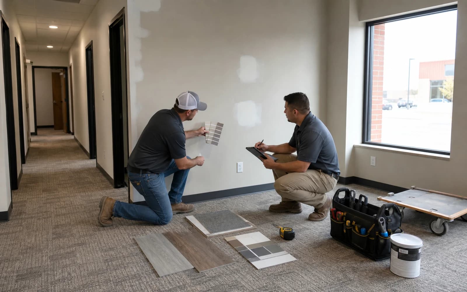 Commercial property walk-through and repair scope review with tools, notes, and finish samples