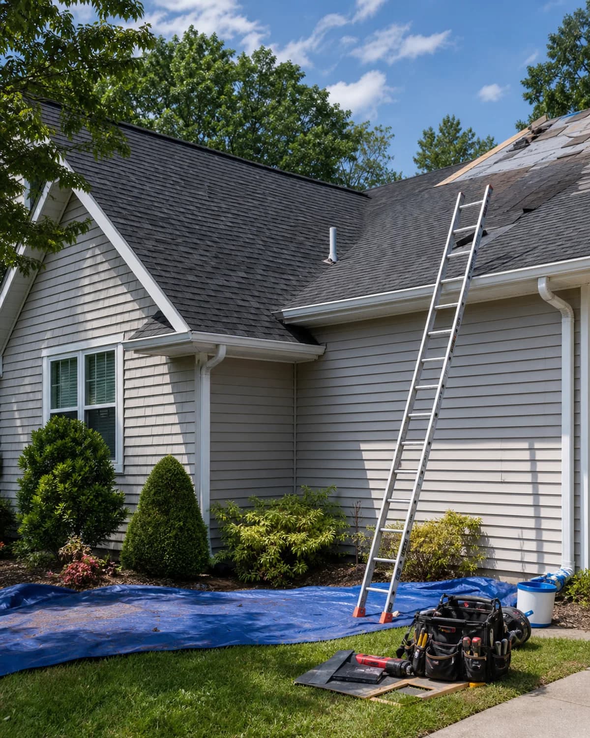 Residential roof inspection and repair setup with safe exterior access