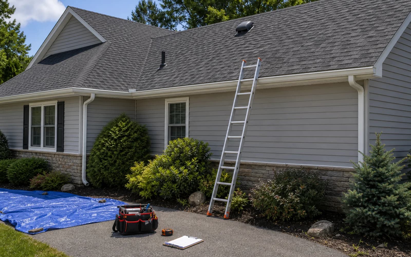 Ground-level roofing inspection setup with ladder, tools, shingles, gutters, and vents