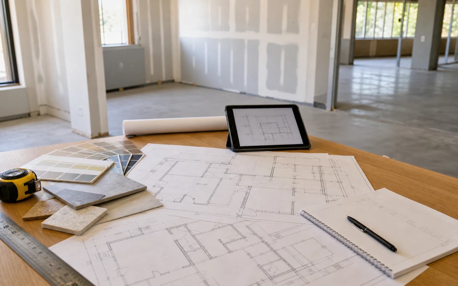Commercial tenant improvement plan review with layout drawings, finish samples, and access planning