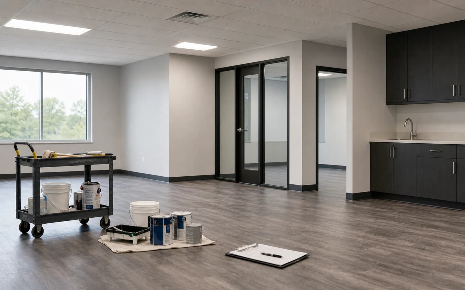 Final punch-list and cleanup stage in a commercial tenant suite before turnover