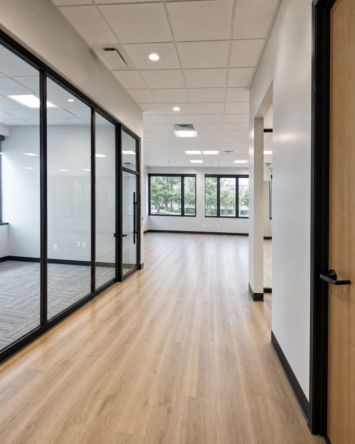Completed tenant improvement interior with clean walls, durable flooring, lighting, and commercial craftsmanship