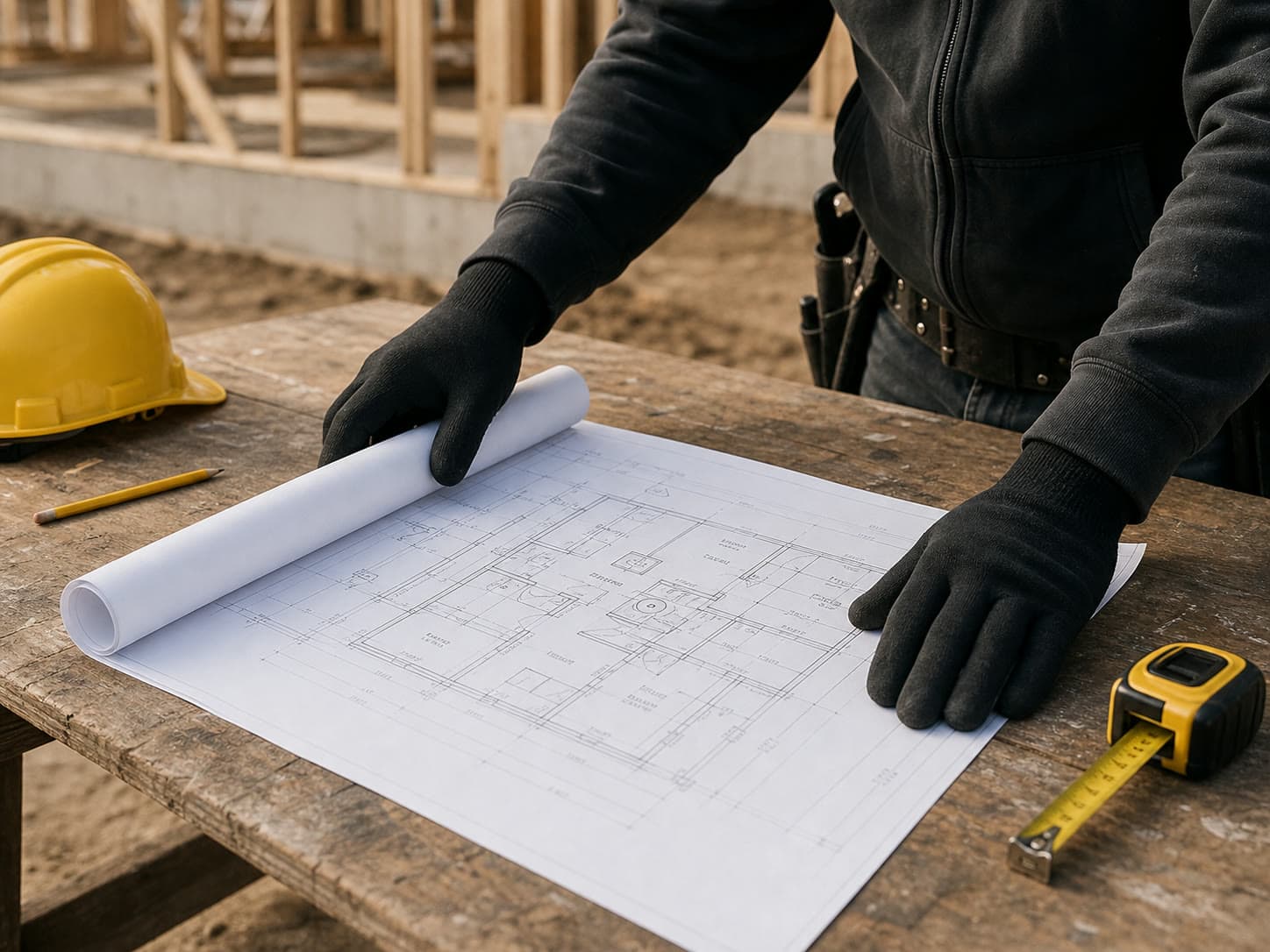 Contractor reviewing construction plans at a Lehigh Valley job site