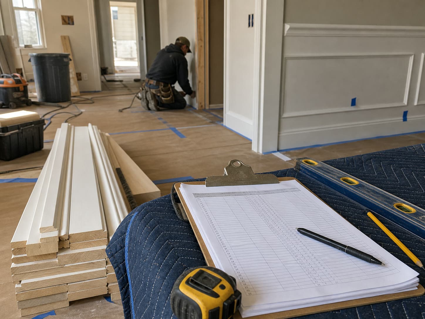 Renovation job site with punch list, level, trim materials, and protected floors